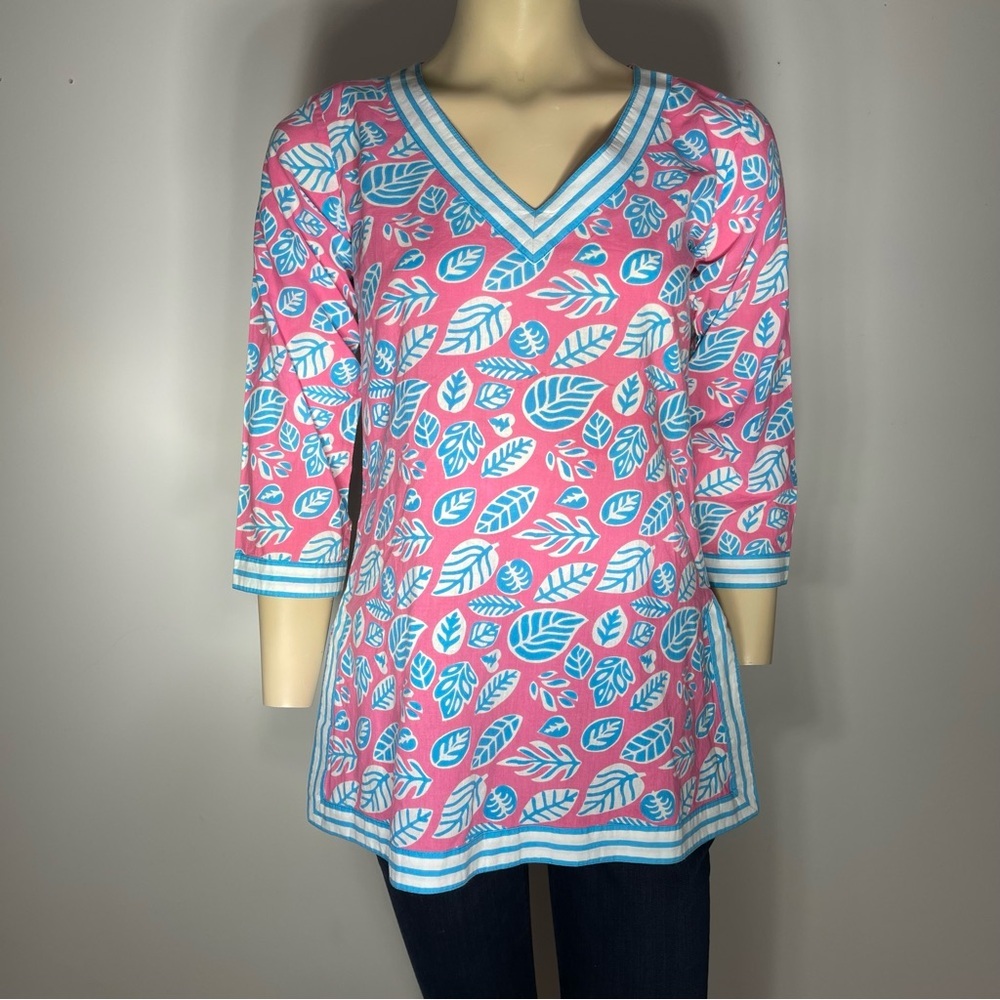 Gretchen Scott Pink Blue Print V Neck‎ Cotton 3/4 Sleeve Tunic Size XS